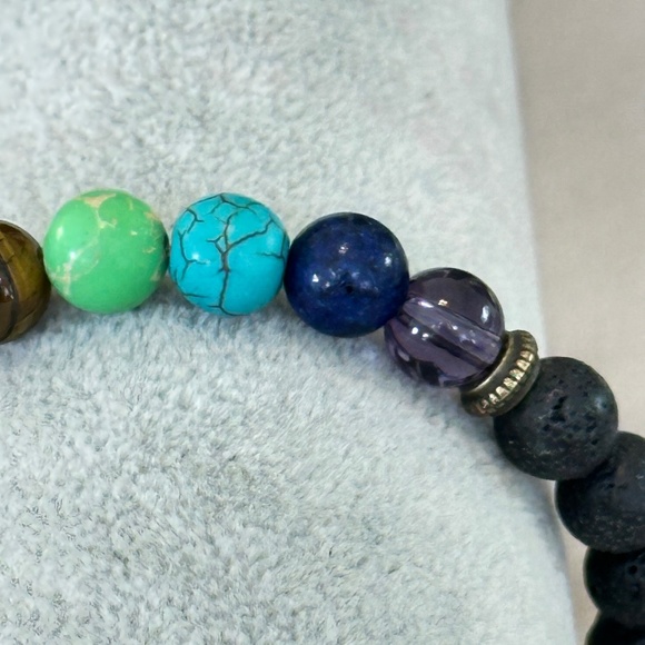 Multicolor 7 stone chakra stretchy bracelet w/black lava stones - Picture 15 of 15